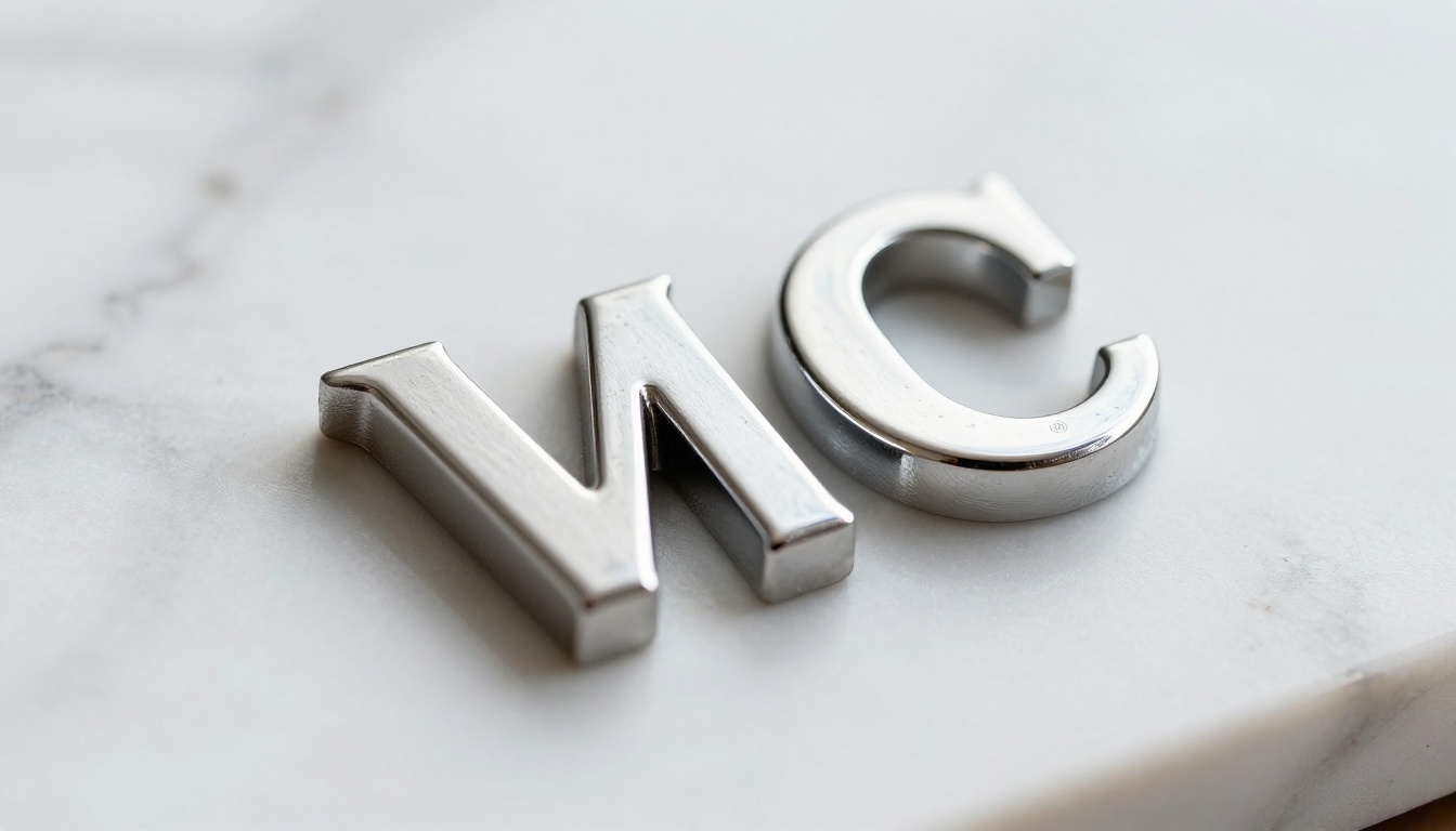 Chrome metallic letter with depth, highlights, and cast shadow on marble