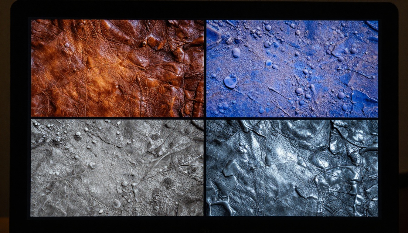 Macro close-up of computer screen displaying four PBR texture maps in a grid layout Macro close-up of computer screen displaying four PBR texture maps in a grid layout