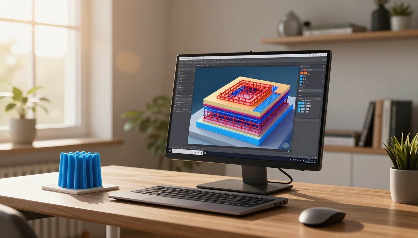 Laptop screen showing colorful layer visualization in slicing software, beside a 3D printed test print on a standing desk in a bright home office