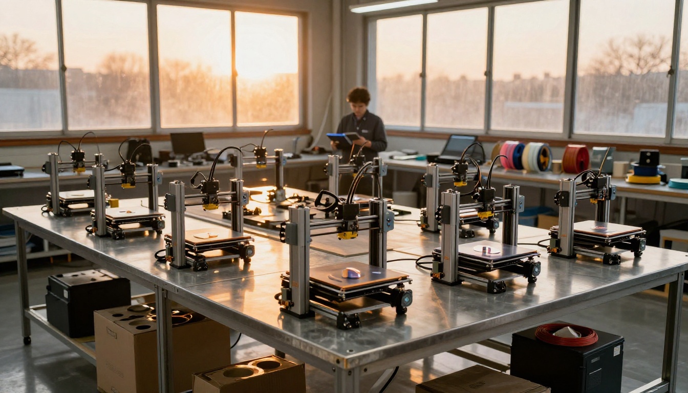 Wide cinematic shot of a professional makerspace with six 3D printers operating simultaneously at golden hour, filament spools on shelves behind a technician monitoring progress