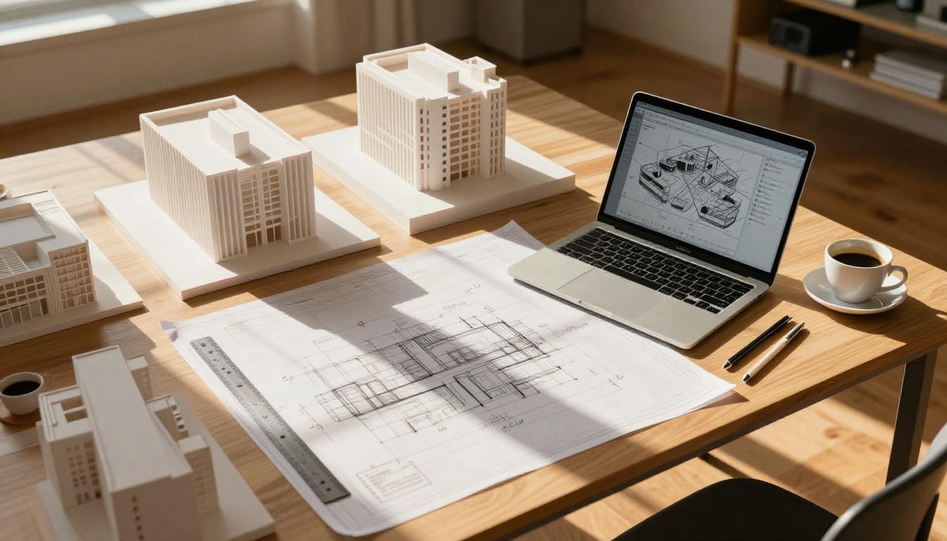 Architect's overhead desk with 3D printed building models and blueprints Architect's overhead desk with 3D printed building models and blueprints