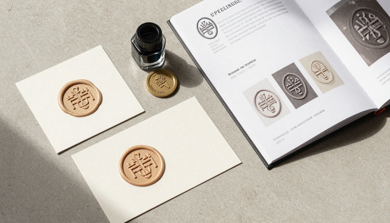 Aerial flat-lay of premium brand identity materials with embossed 3D logo elements