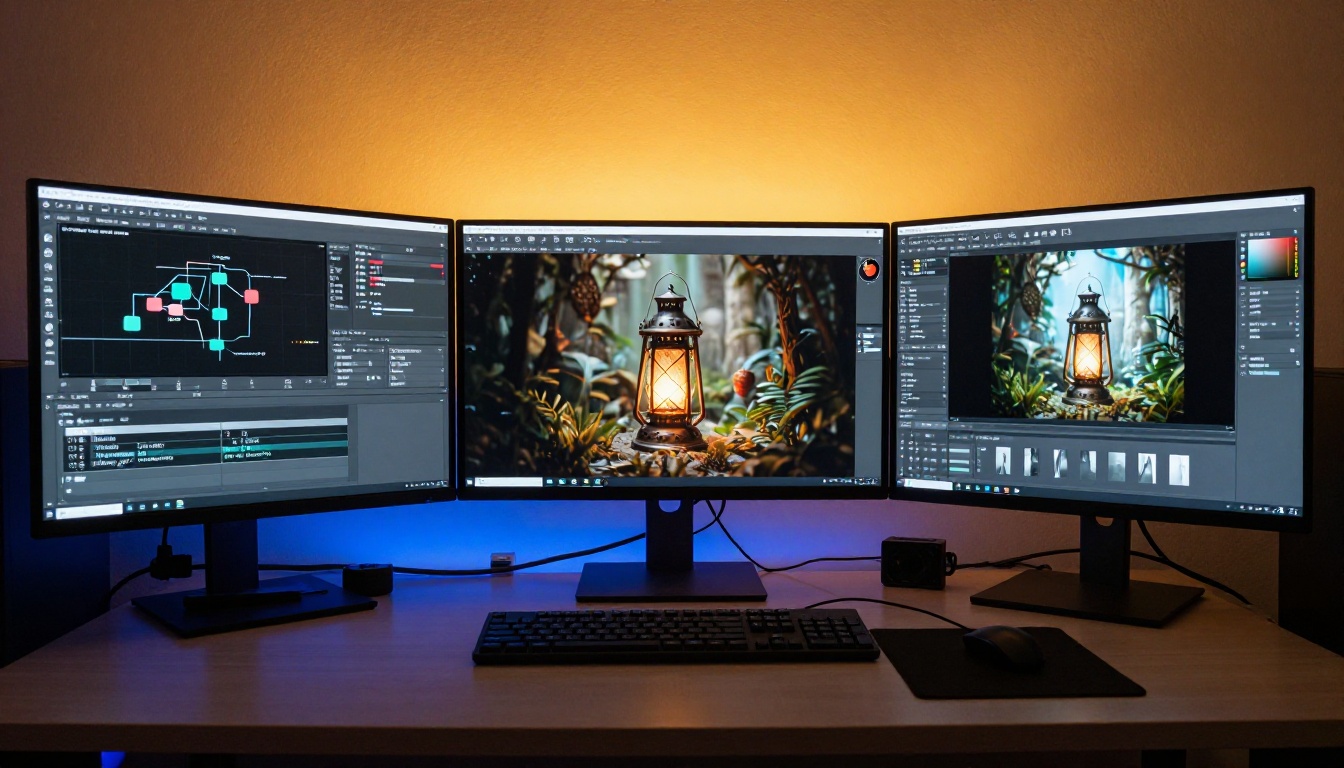 Wide-angle view of professional 3D art studio with three monitors showing Blender and AI generation platform Wide-angle view of professional 3D art studio with three monitors showing Blender and AI generation platform