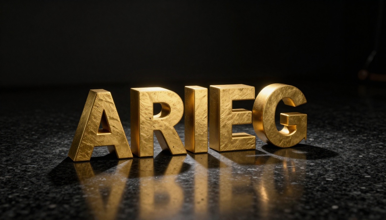 Low-angle golden 3D letters on polished black granite with dramatic directional light