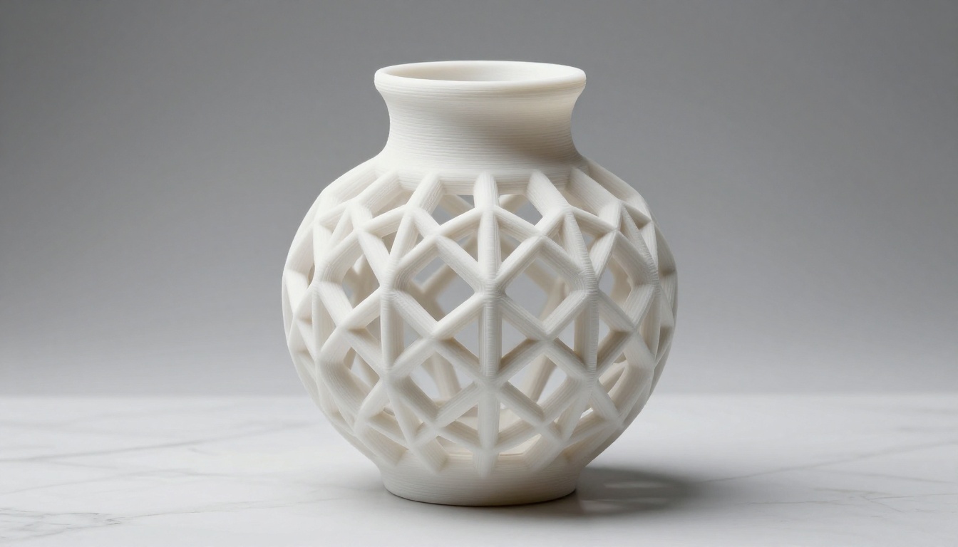 Dramatic product photography of an AI-designed lattice vase with complex generative geometry on a white marble surface, studio strobe lighting tracing the intricate structure