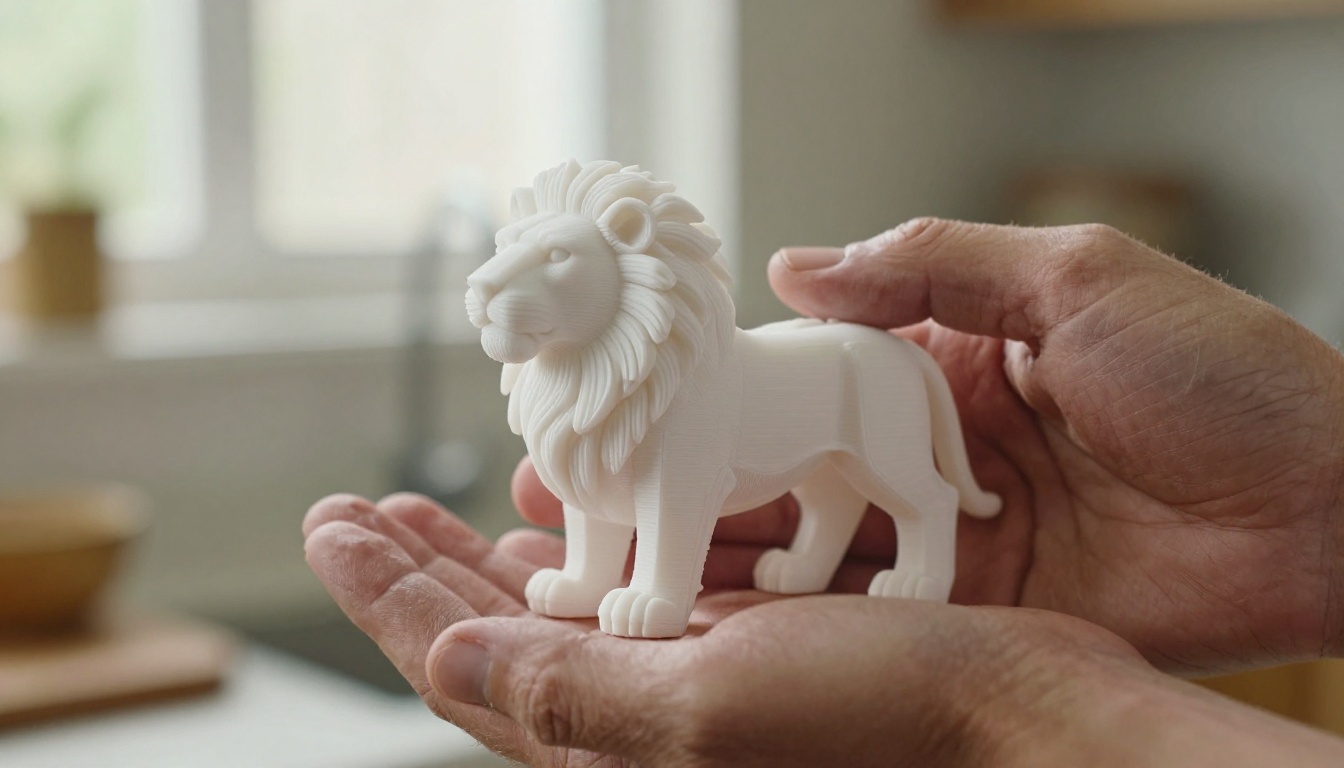 Hands holding a small white 3D printed lion figurine at eye level Hands holding a small white 3D printed lion figurine at eye level