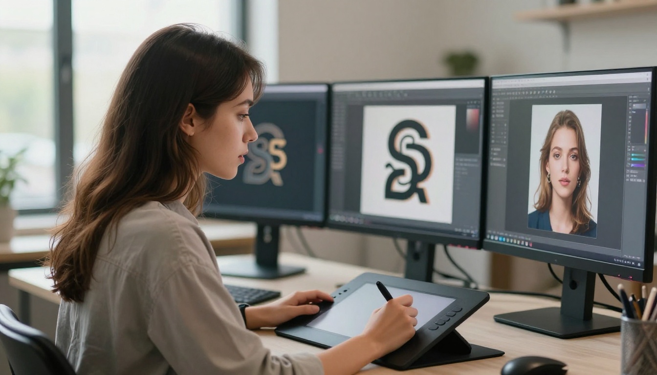 Woman designer studying 3D logo concept variations on dual monitor workstation