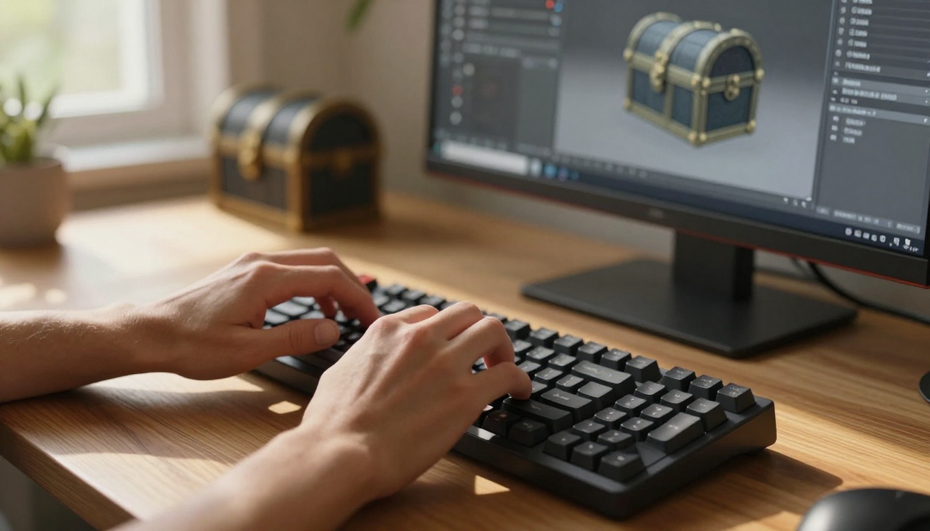 3D artist's hands typing on keyboard with Blender UV unwrap visible on background monitor 3D artist's hands typing on keyboard with Blender UV unwrap visible on background monitor
