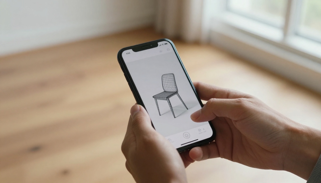 AR app displaying 3D mesh wireframe floating above a real wooden floor