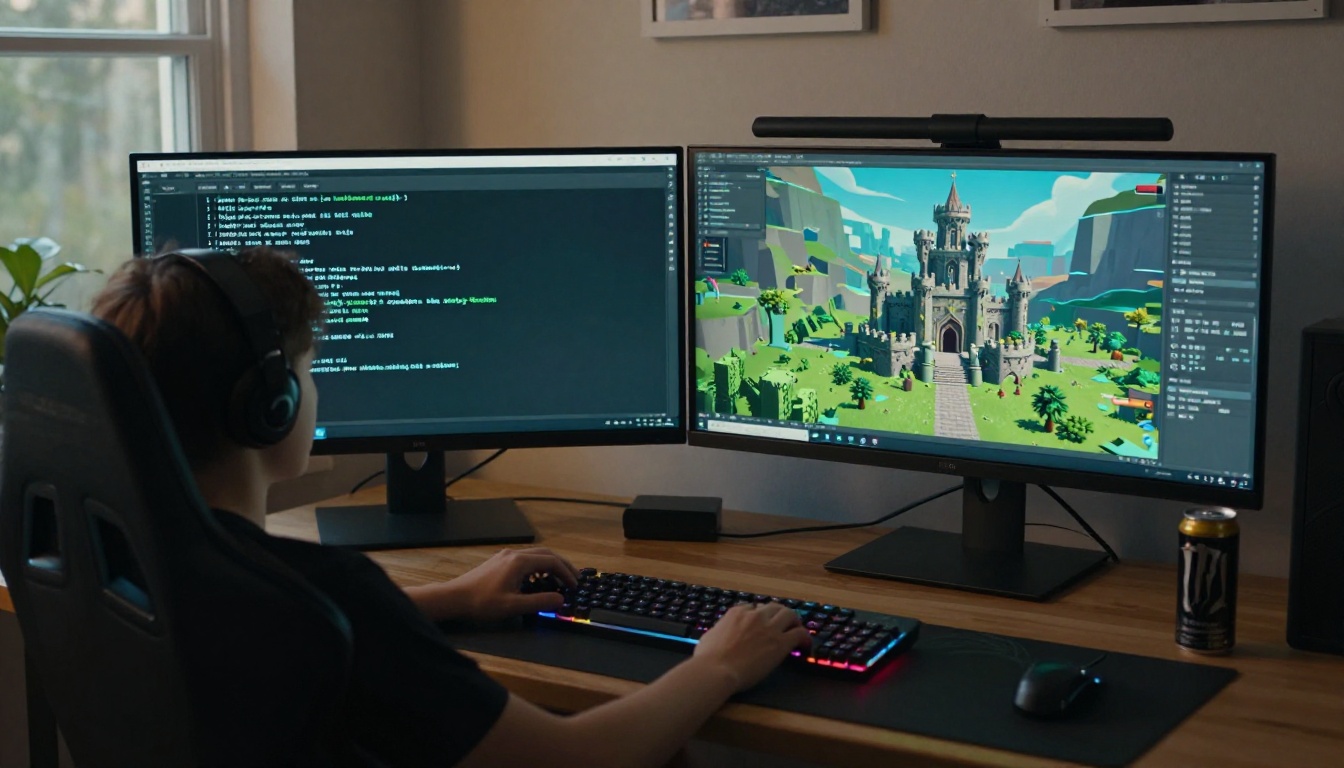 Game developer's dual-monitor setup showing 3D model generation Game developer's dual-monitor setup showing 3D model generation