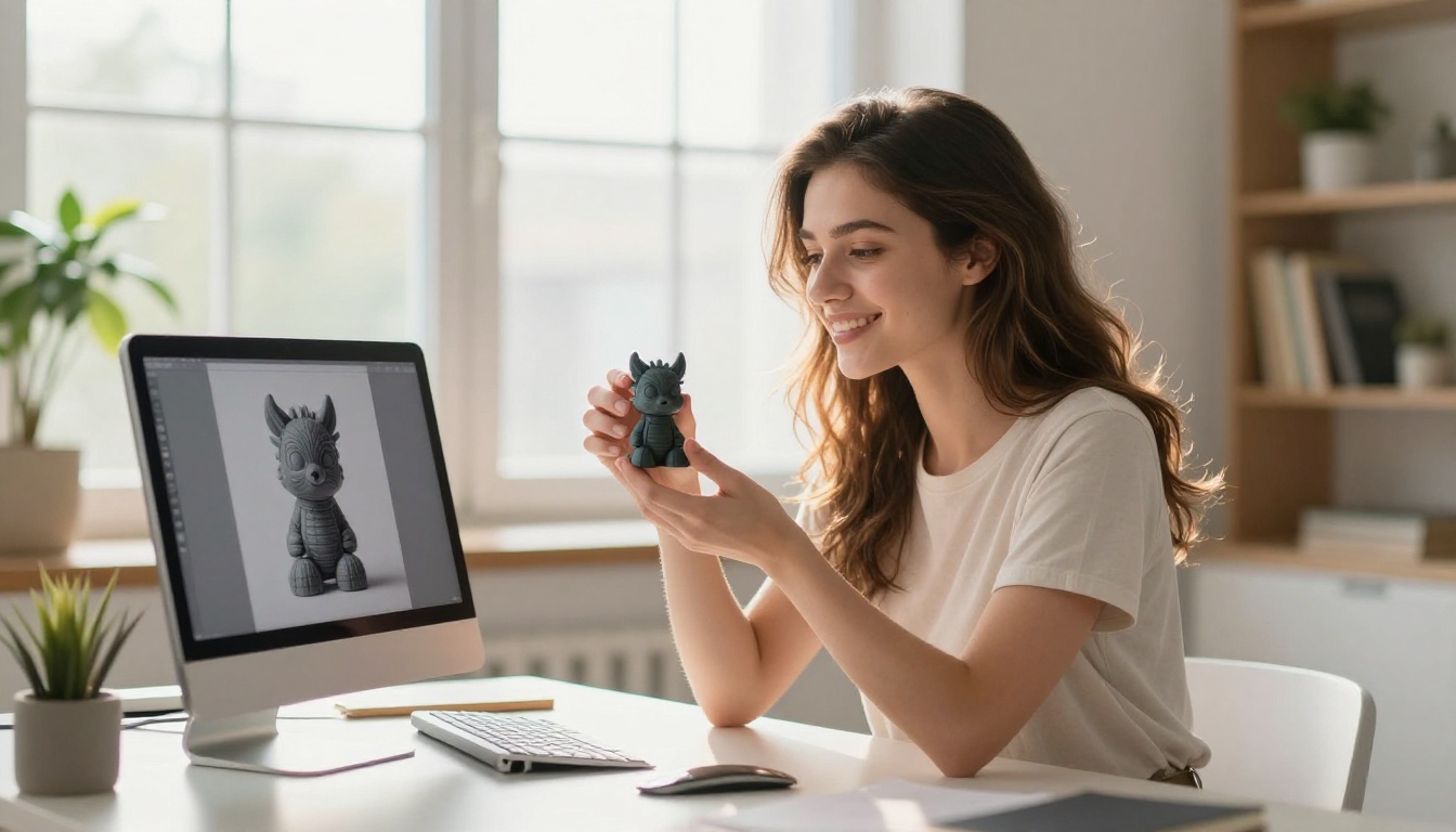 A young woman comparing a small 3D printed decorative object in her hand to the original AI-generated concept image on her iPad, in a bright apartment studio with morning window light