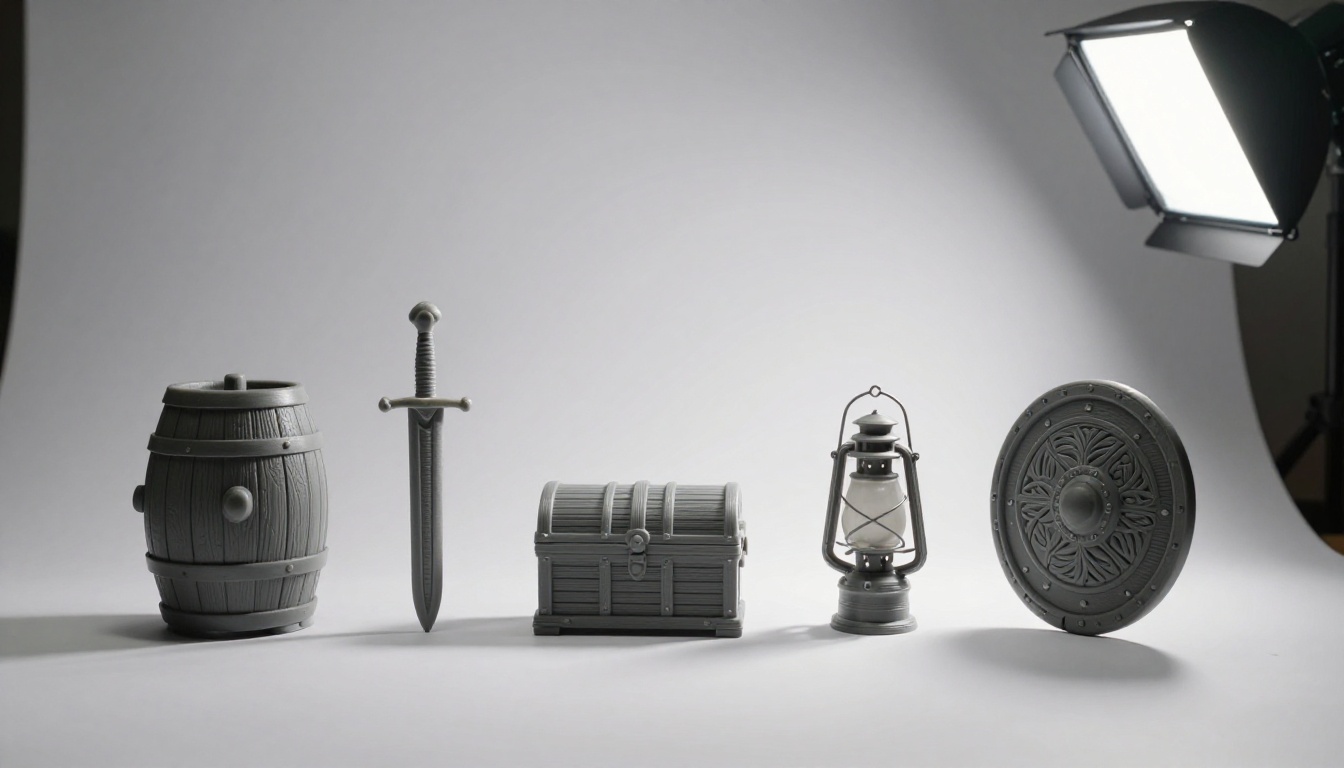 Row of small 3D printed prop prototypes with dramatic side lighting on studio backdrop