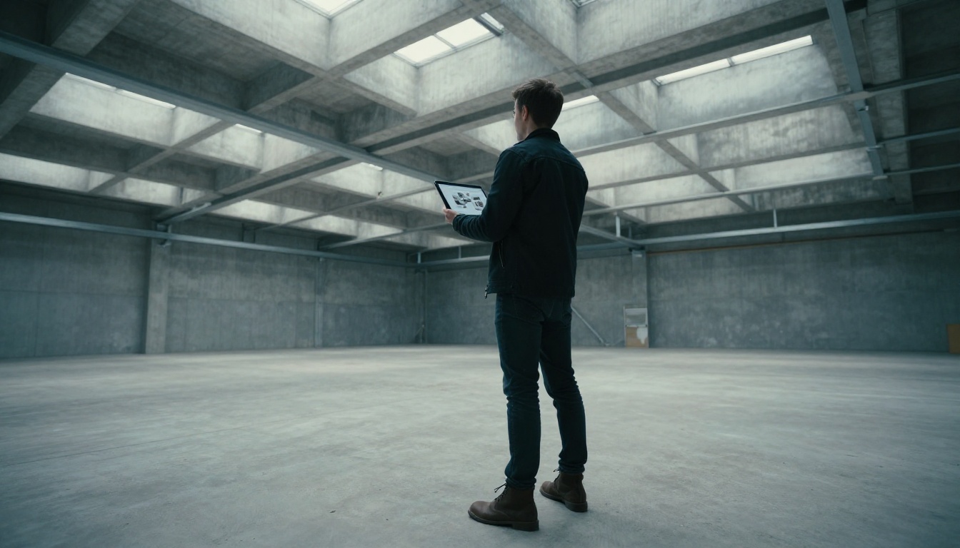 Architect in a warehouse space viewing a 3D architectural model overlaid via AR on a tablet