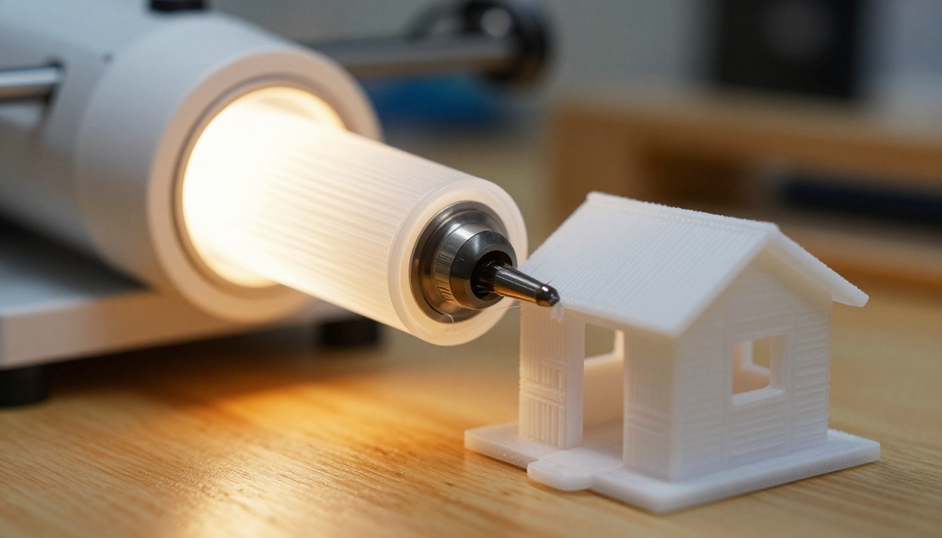 3D printer nozzle depositing plastic layers to build a miniature house 3D printer nozzle depositing plastic layers to build a miniature house