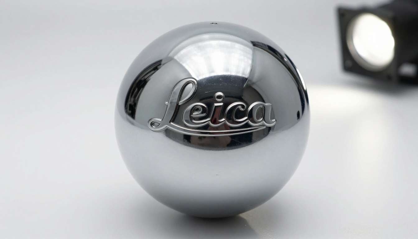Close-up product photo of polished chrome sphere with dimensional embossed logo