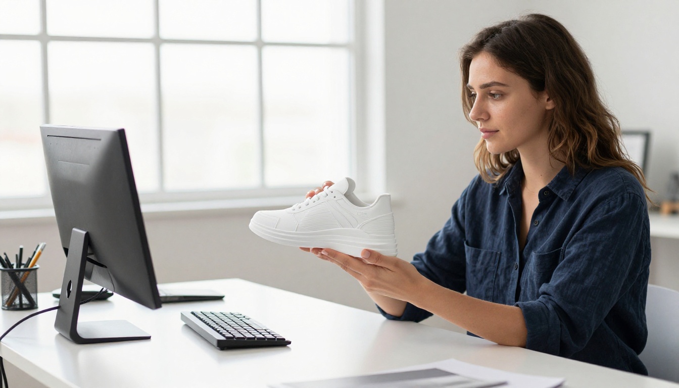 A product designer photographing a 3D printed sneaker prototype at a bright office desk A product designer photographing a 3D printed sneaker prototype at a bright office desk
