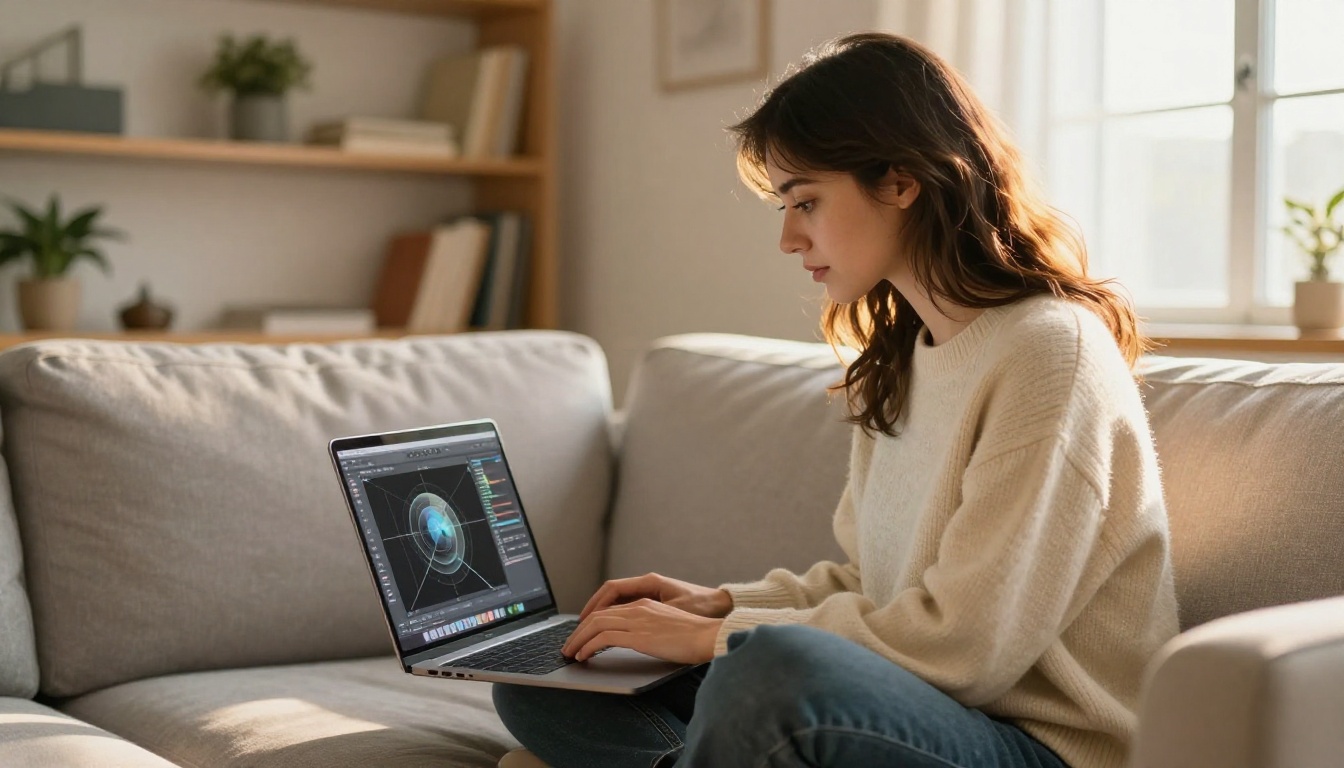 Woman working on a 3D mesh editor on her laptop in a bright apartment