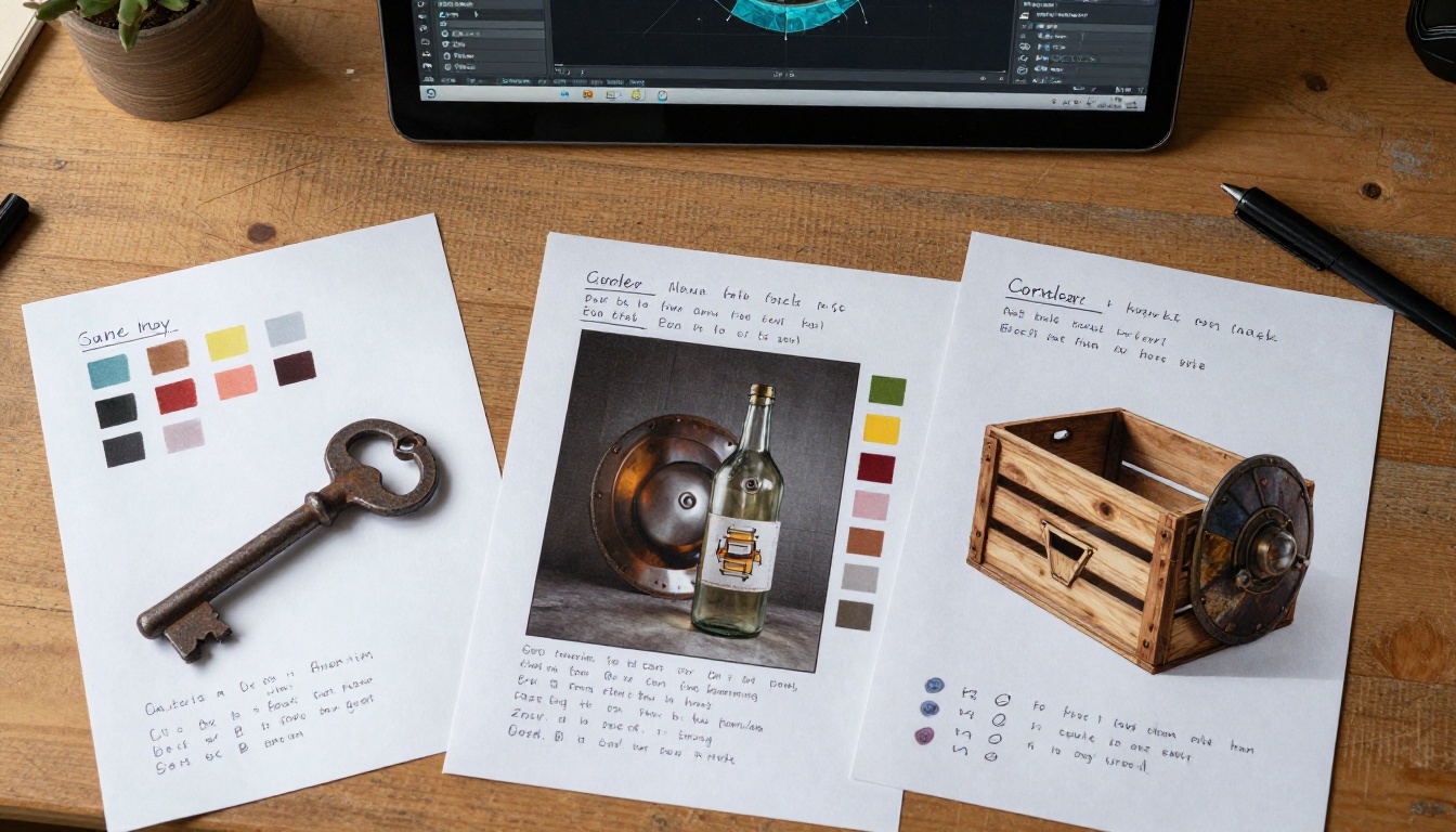 Aerial view of game developer's desk with printed prop reference photos annotated with color swatches