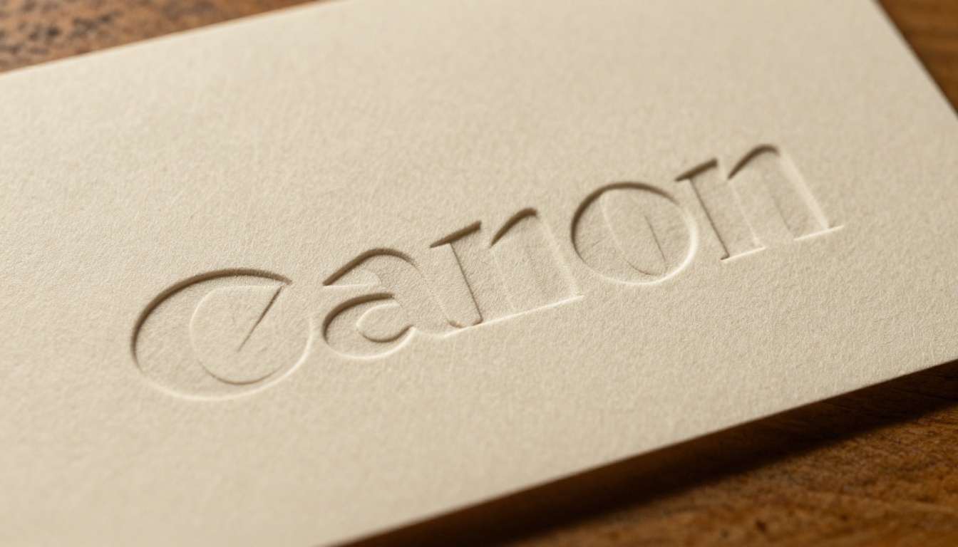 Close-up of brand logo embossed in thick premium cotton paper with raking sidelight