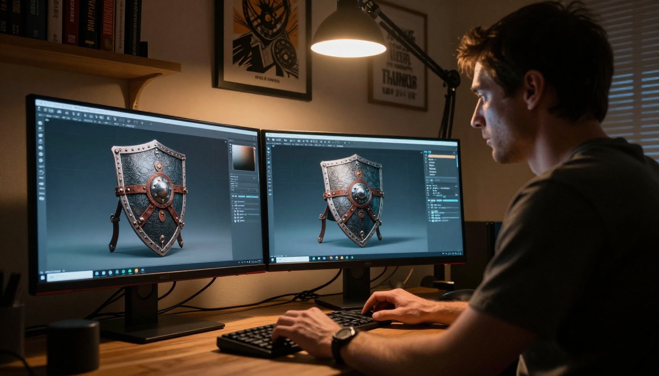 Game character artist at night workstation with completed Blender prop render displayed on dual monitors