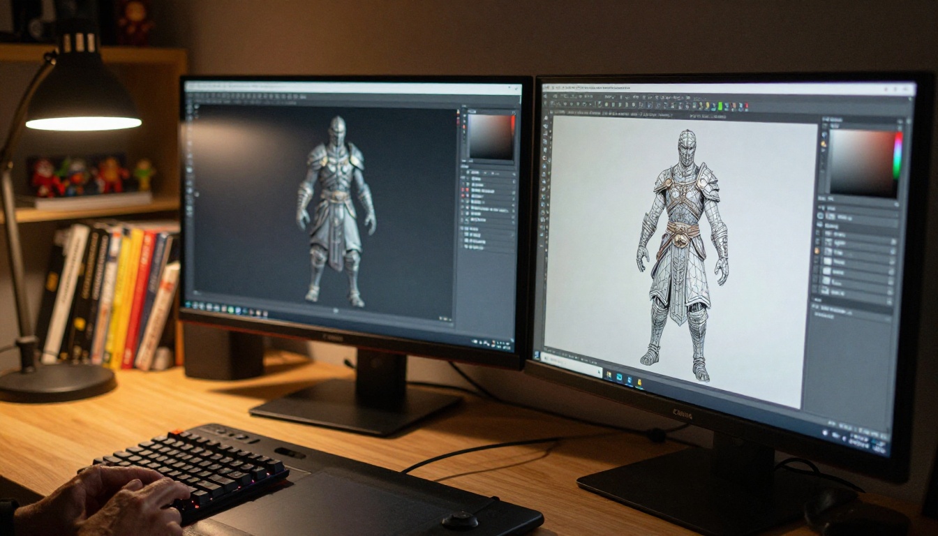 Dual monitor setup showing character mesh wireframe and UV map layout