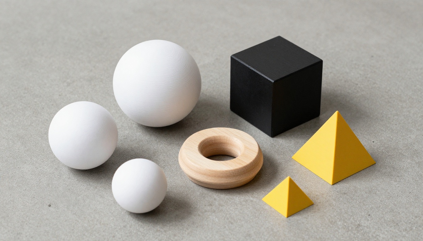 Top-down flat-lay of geometric 3D printed shapes on gray concrete Top-down flat-lay of geometric 3D printed shapes on gray concrete