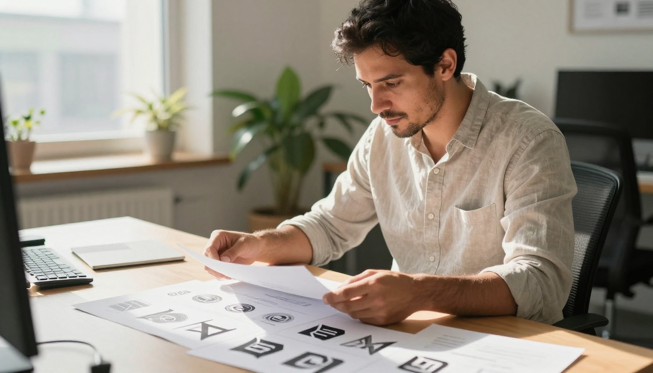 Man at standing desk reviewing printed 3D logo concept sheets in natural light