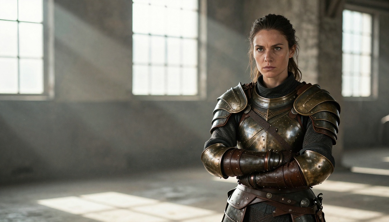 Photorealistic female warrior in leather armor, low-angle dramatic lighting