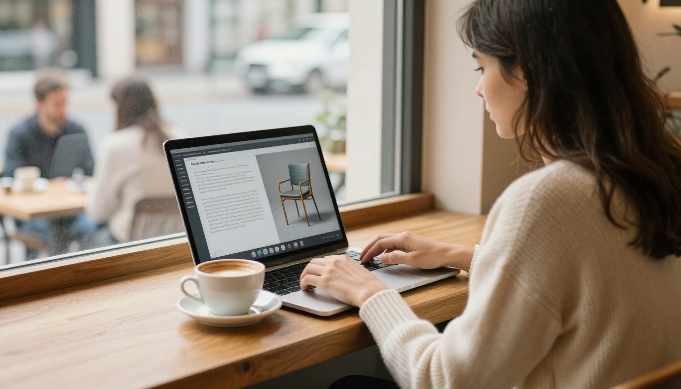 A woman at a coffee shop with a laptop showing a 3D chair model on screen A woman at a coffee shop with a laptop showing a 3D chair model on screen