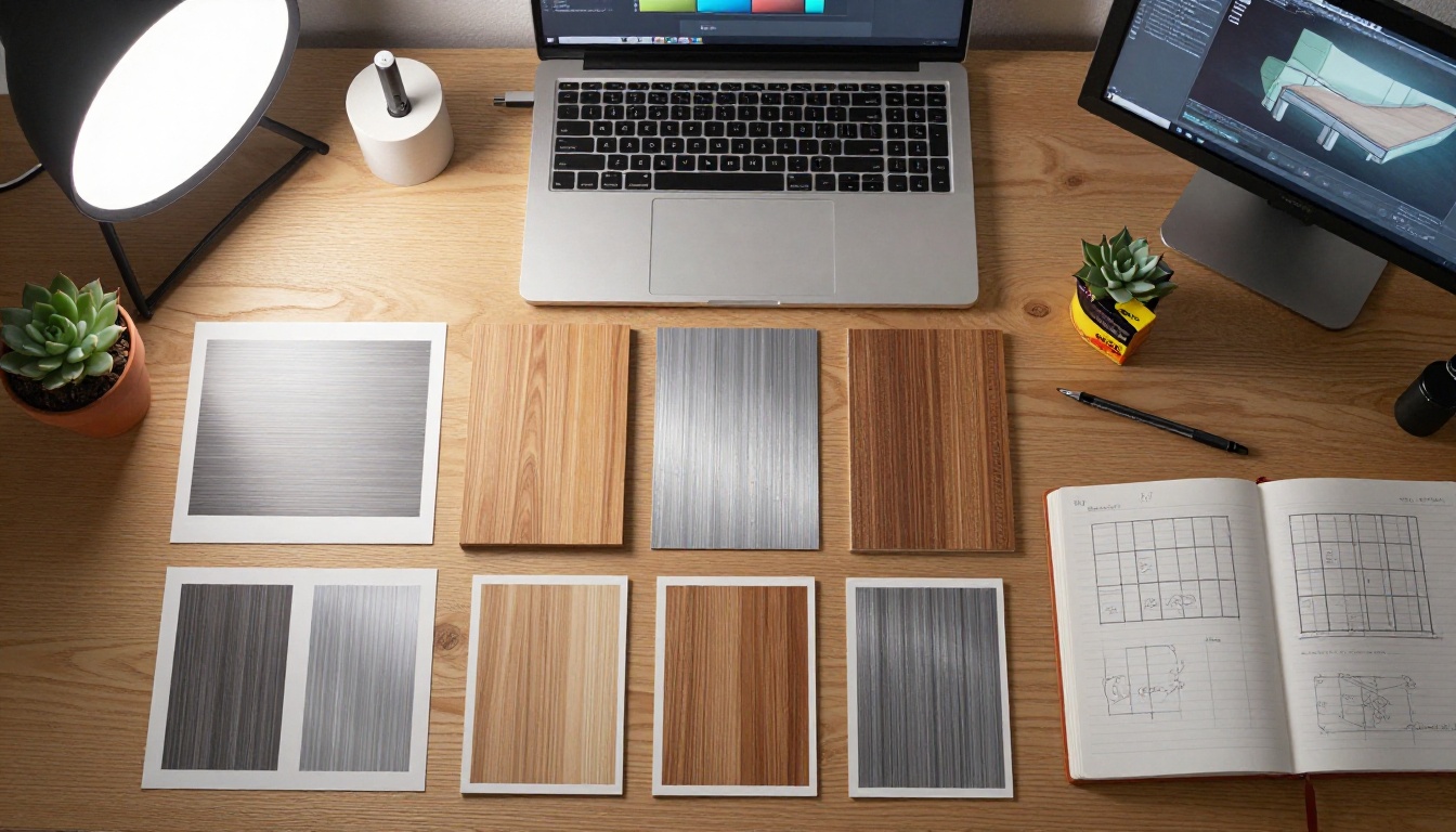 Overhead flatlay of a designer's desk with printed texture maps, UV sketches, and modeling tools