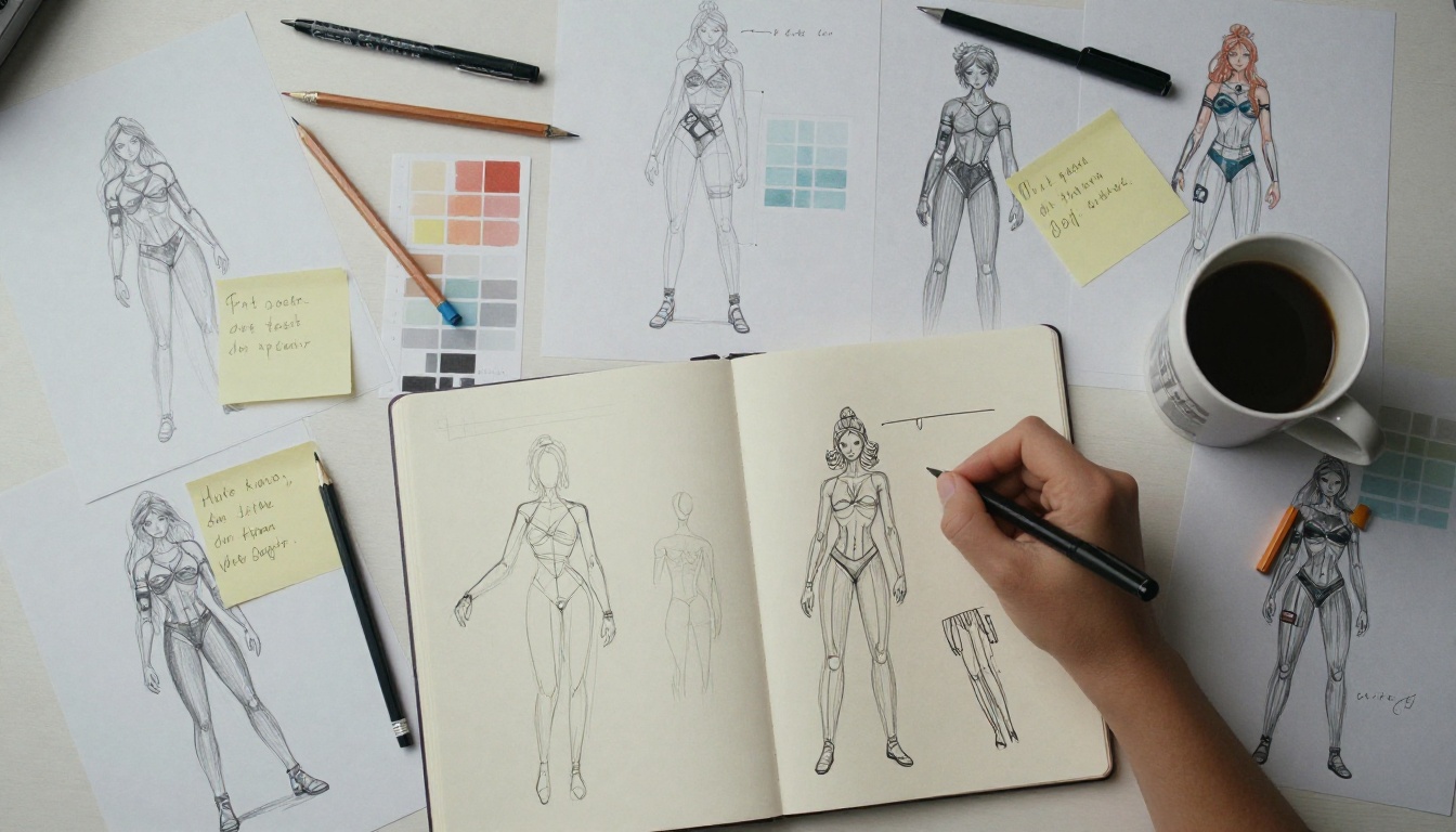 Overhead desk with concept art sheets, anatomy sketches, and color swatches
