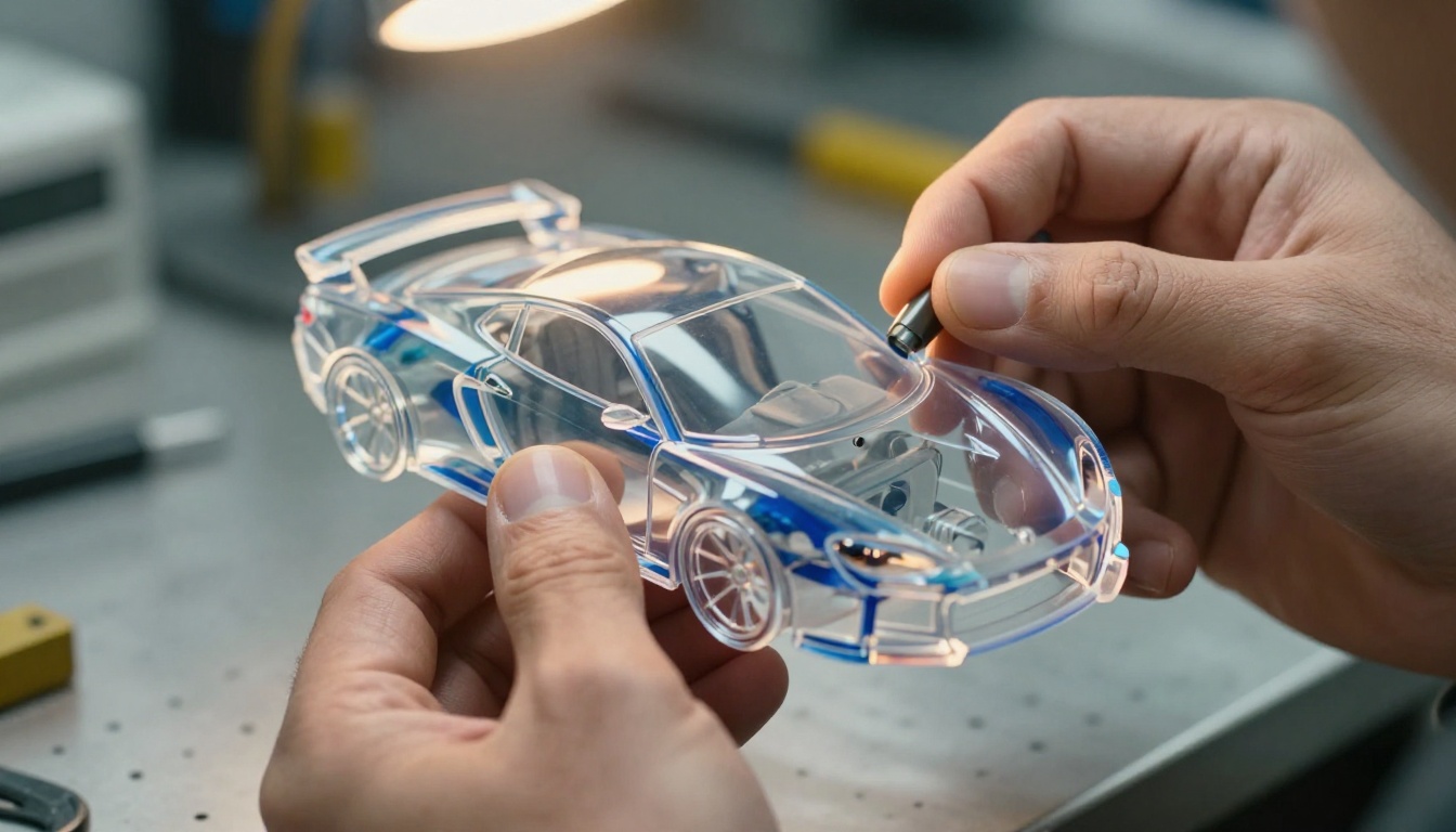 Engineer's hands holding a transparent blue acrylic scale car model in a workshop Engineer's hands holding a transparent blue acrylic scale car model in a workshop