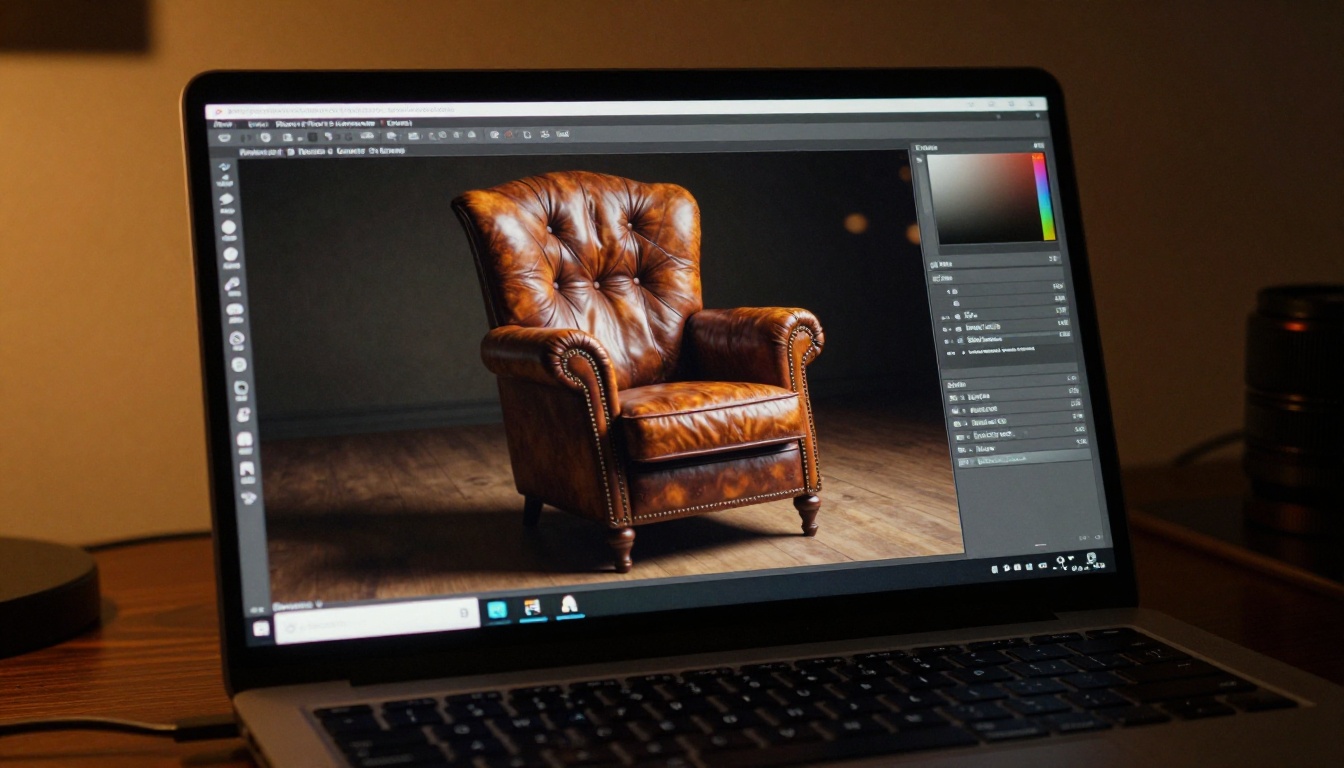 Close-up of a laptop screen showing a fully textured 3D leather armchair model inside a rendering software environment