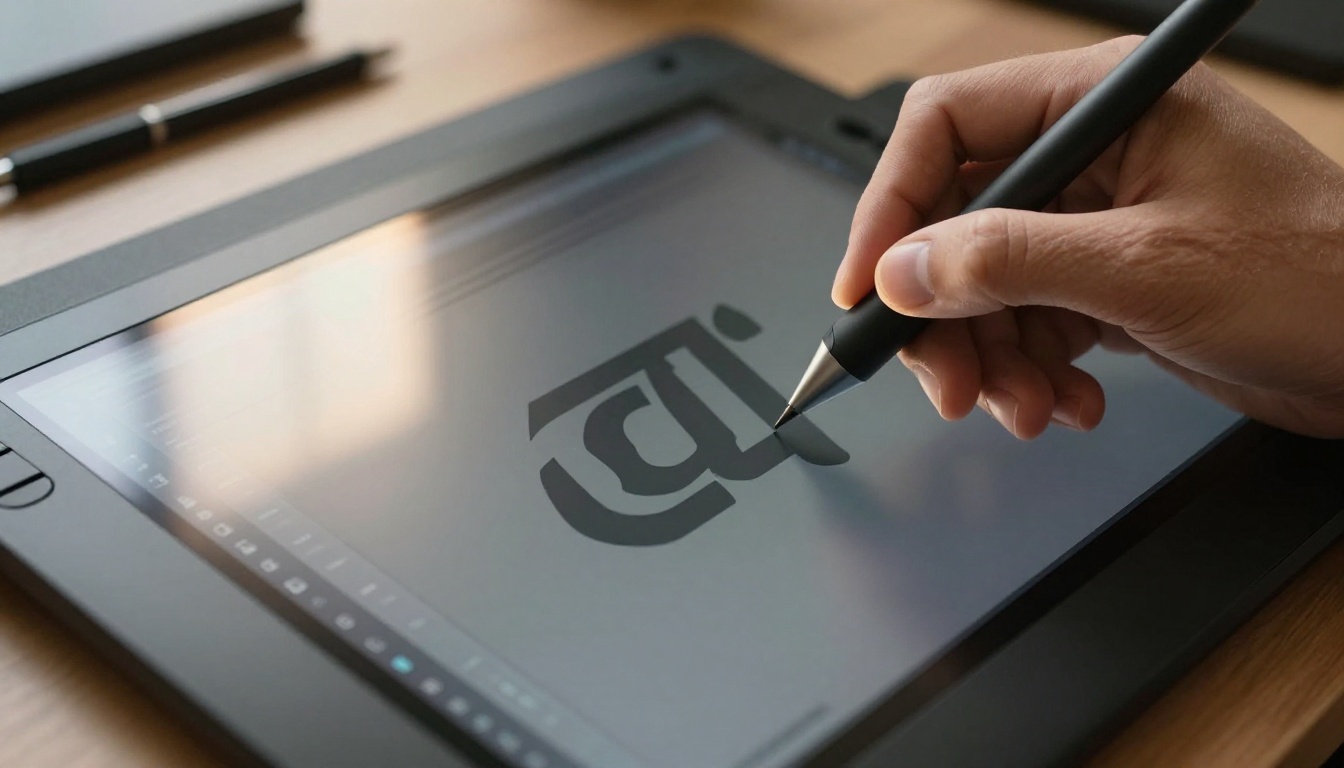 Designer's hand holding stylus over graphics tablet showing AI image generation interface