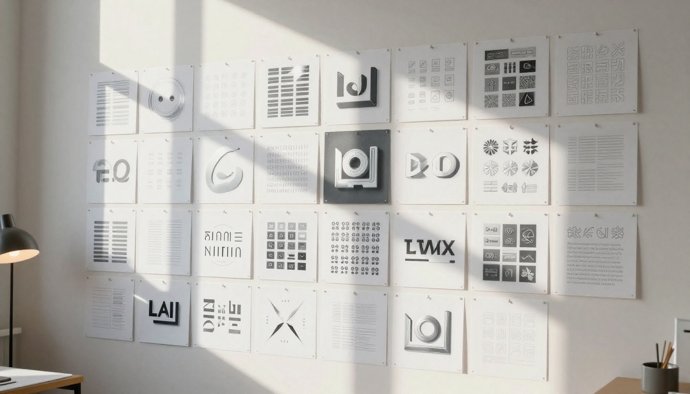 Studio wall covered in printed 3D logo exploration sheets pinned in organized grid