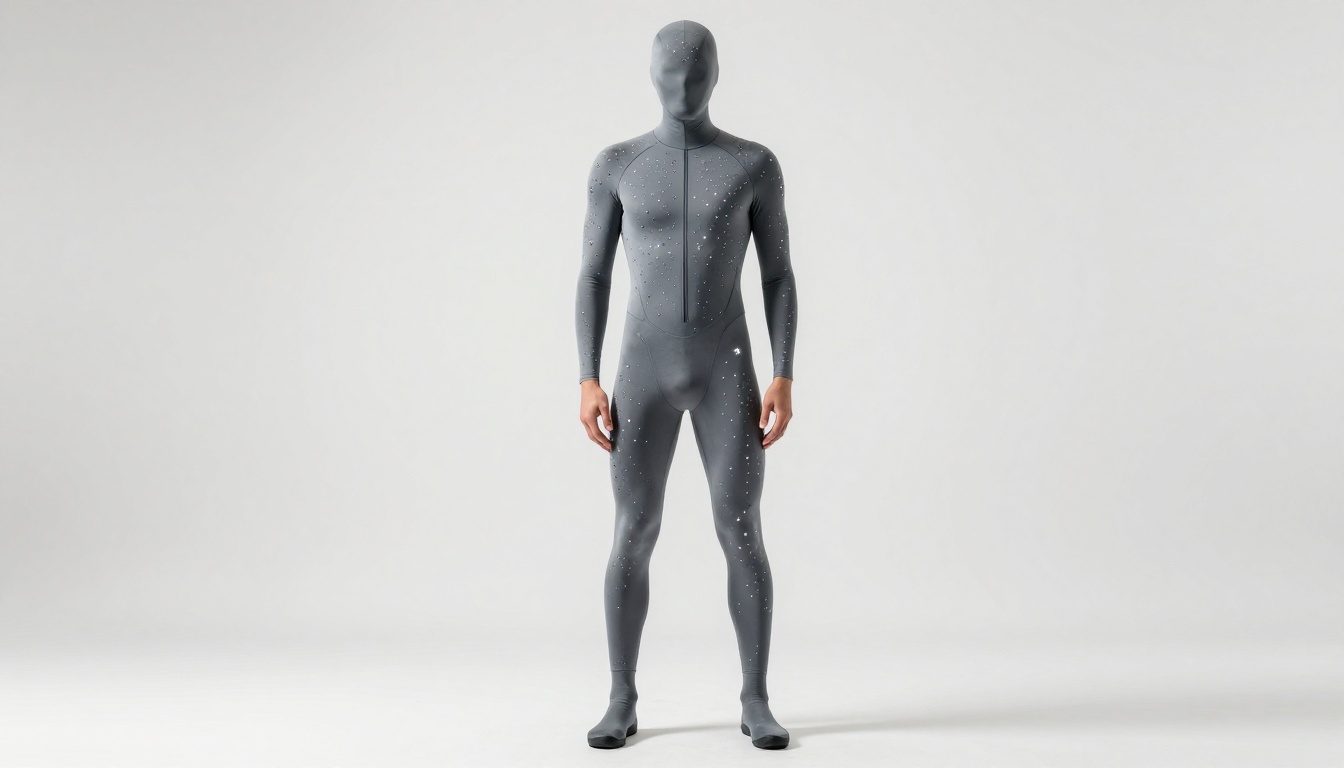 Male figure in motion capture suit with reflective tracking markers, T-pose in white studio