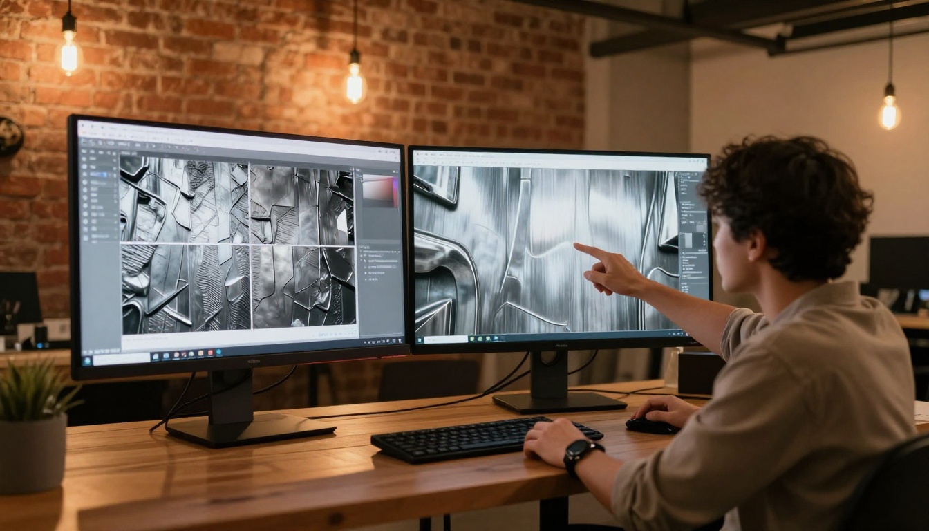 Two designers in an exposed-brick studio looking at a texture comparison displayed on a large wall-mounted monitor