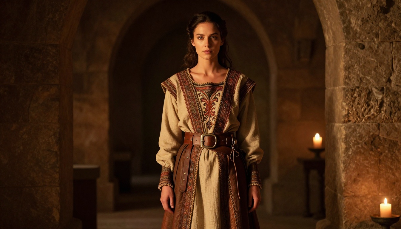 Woman in elaborate fantasy costume with embroidered detail, candlelit stone corridor