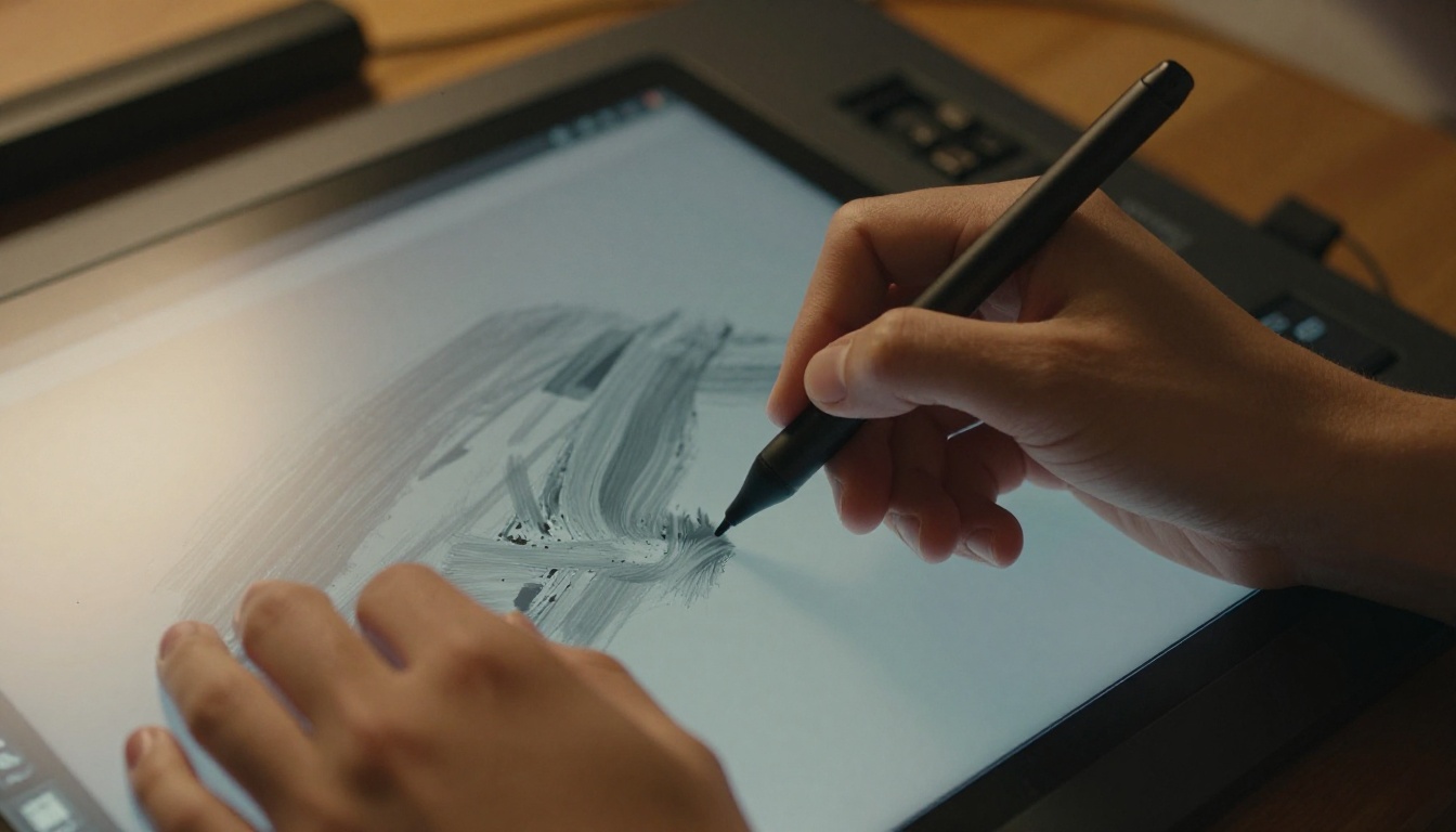 Close-up of hands holding stylus over graphics tablet, warm bokeh background