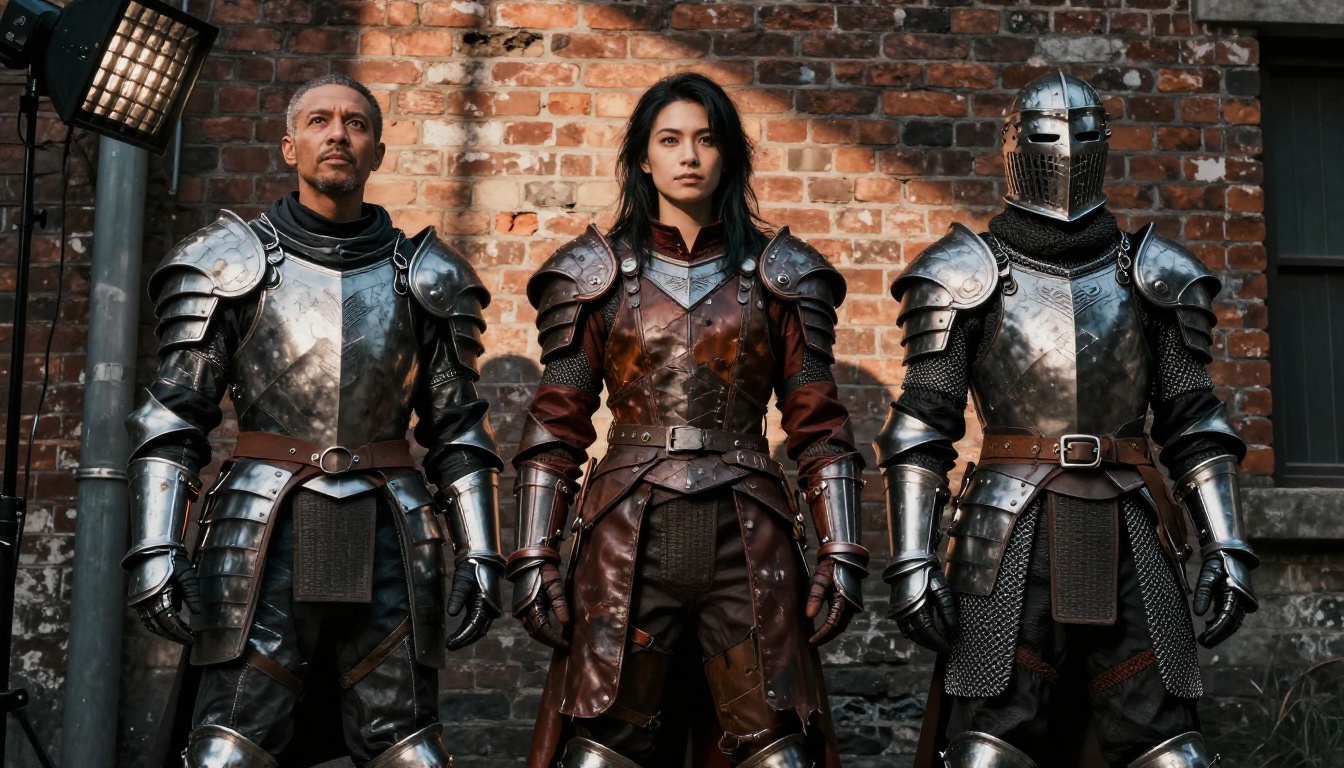 Three cosplay models in game-inspired armor lineup, dramatic alleyway side lighting