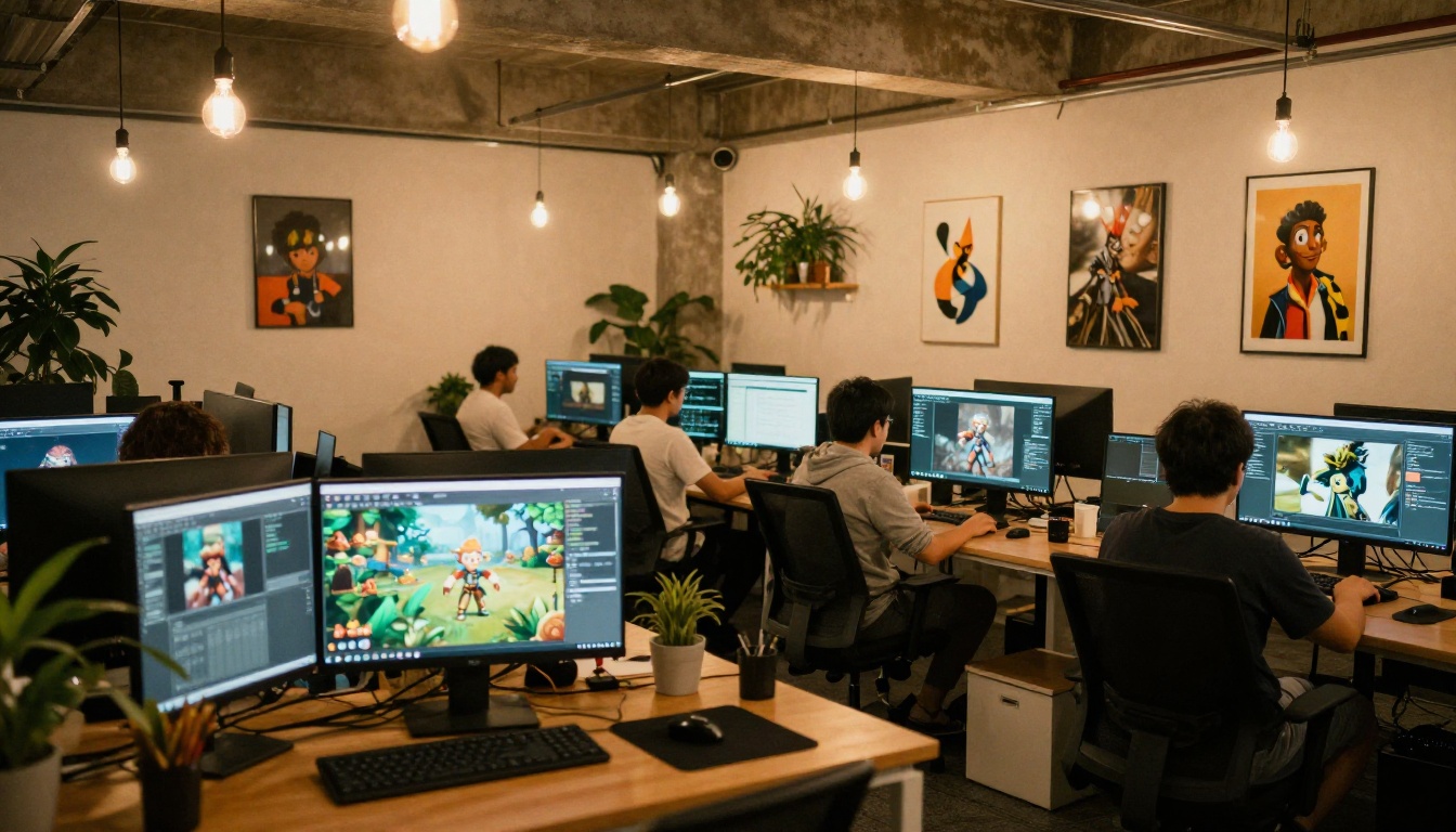 Wide-angle creative studio with developers working on game character assets and AI interfaces