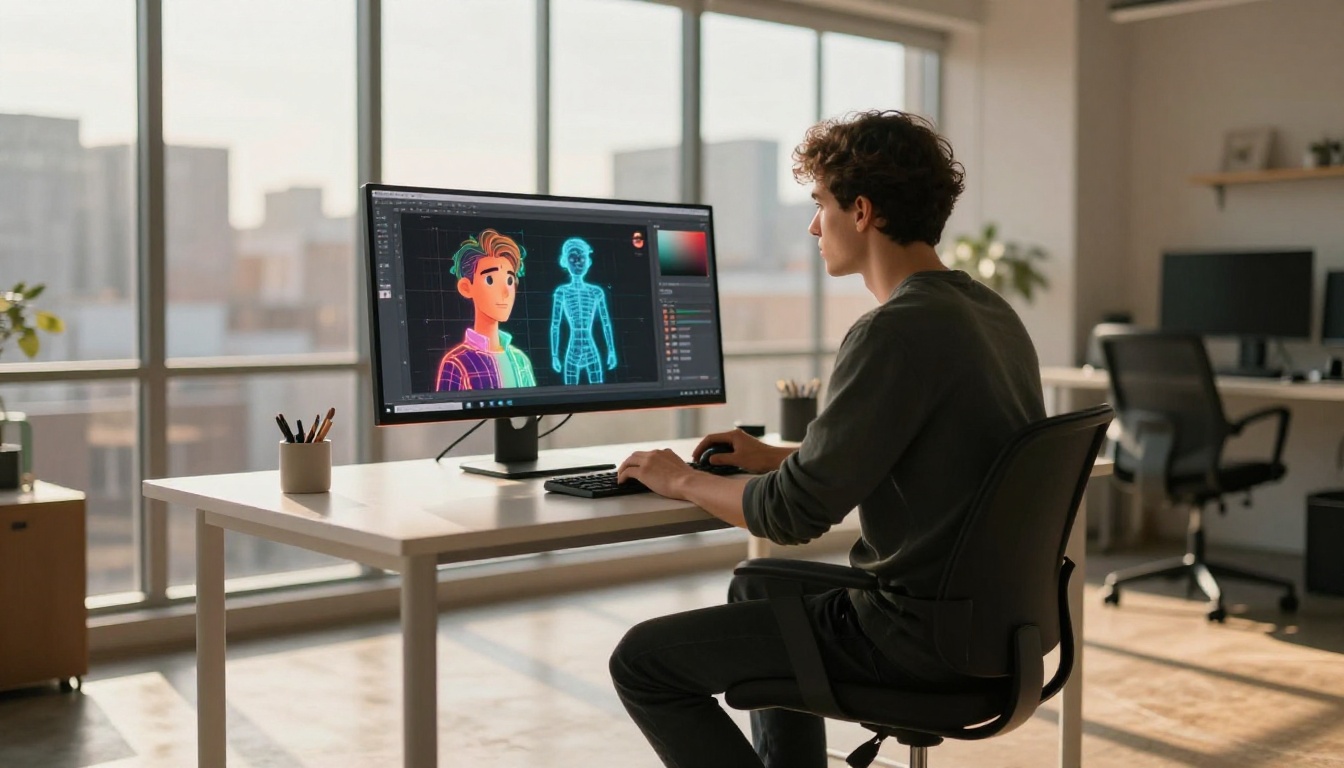 Creative professional working on AI avatar creation interface with 3D character wireframes on monitor