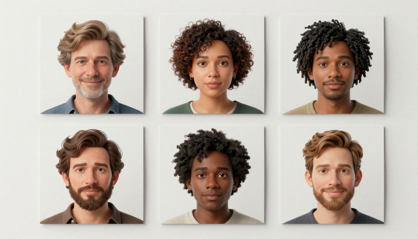 Six diverse photorealistic 3D avatar portraits arranged in a flat-lay display showing different ethnicities and styles