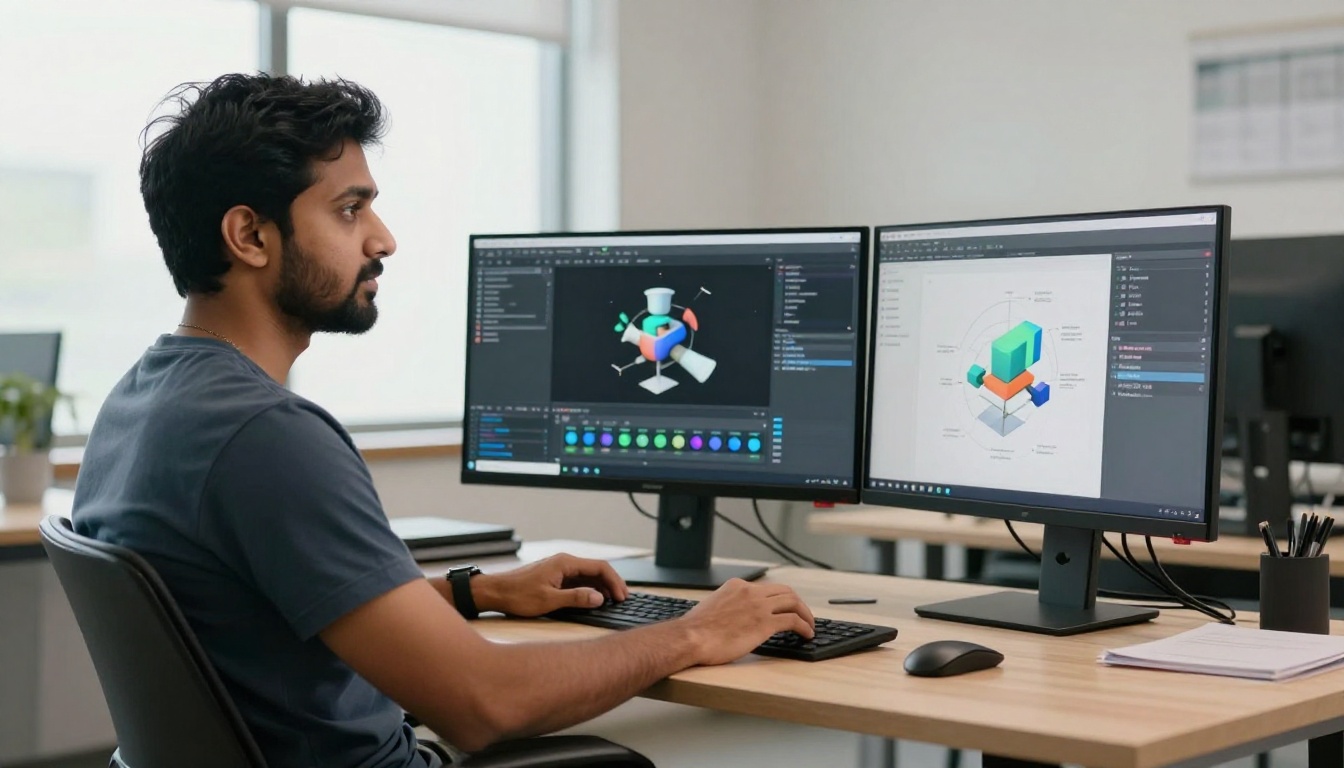 South Asian developer at dual monitor setup with AI generation interface on one screen and 3D asset pipeline on the other