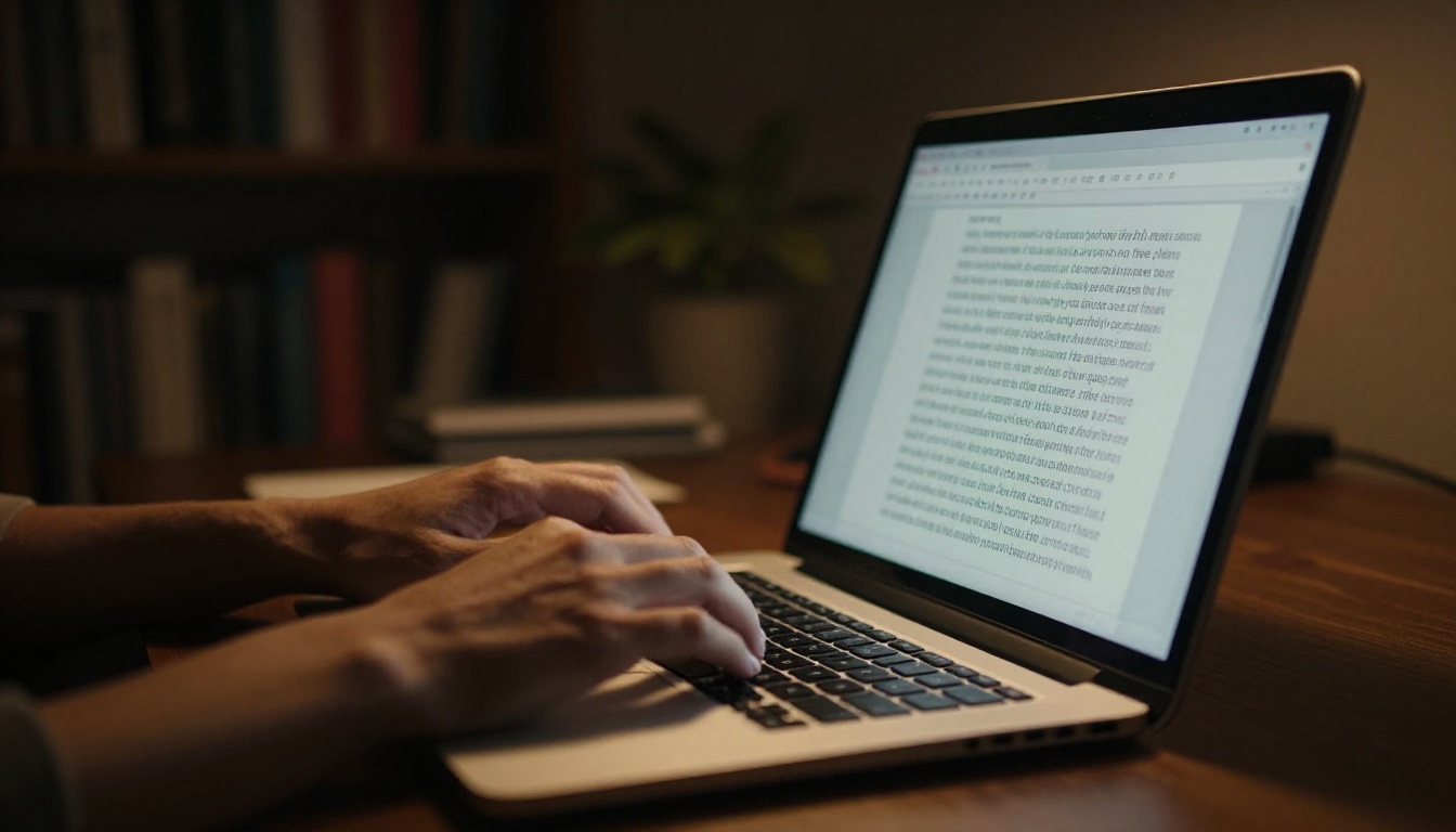 Hands typing a detailed AI avatar prompt on a laptop keyboard in a warm dimly lit creative workspace