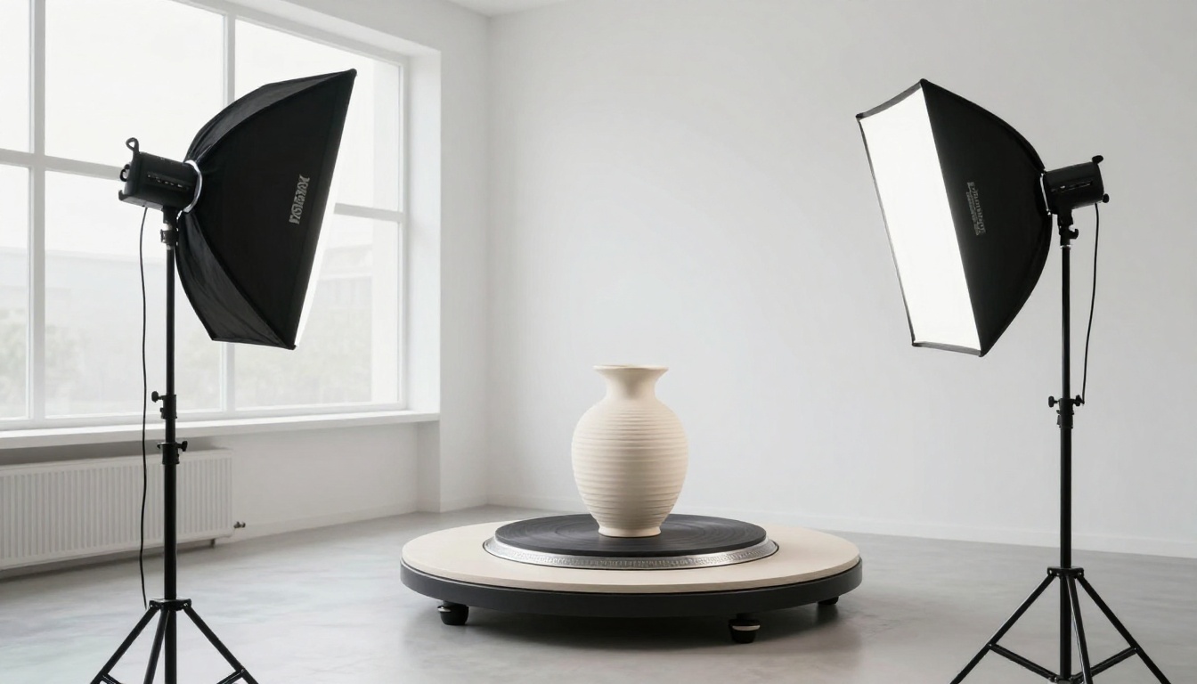 Wide shot of a 3D scanning studio with a rotating turntable, professional lighting, and white seamless backdrop