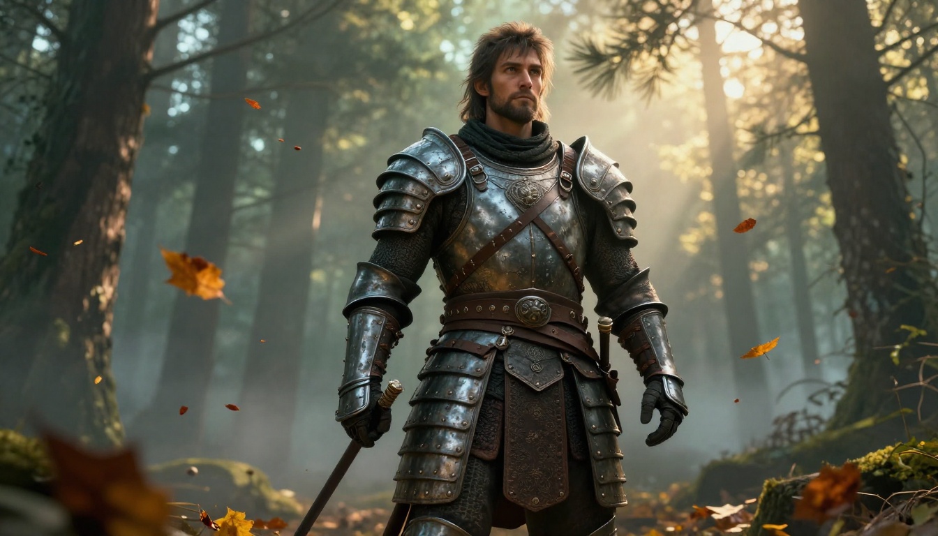 Full-body photorealistic 3D warrior avatar in forest environment with detailed cinematic armor and morning light