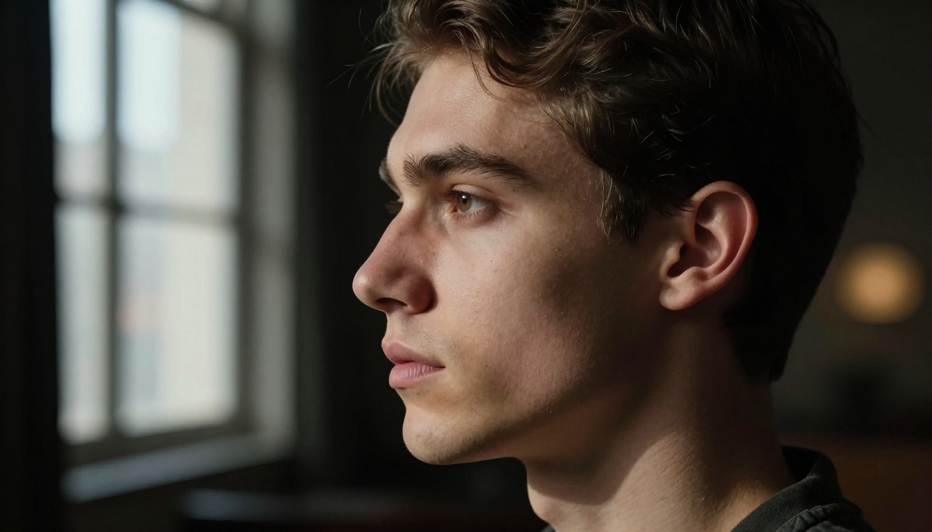 Three-quarter side profile of a photorealistic 3D avatar young man with dramatic window light and natural textured hair