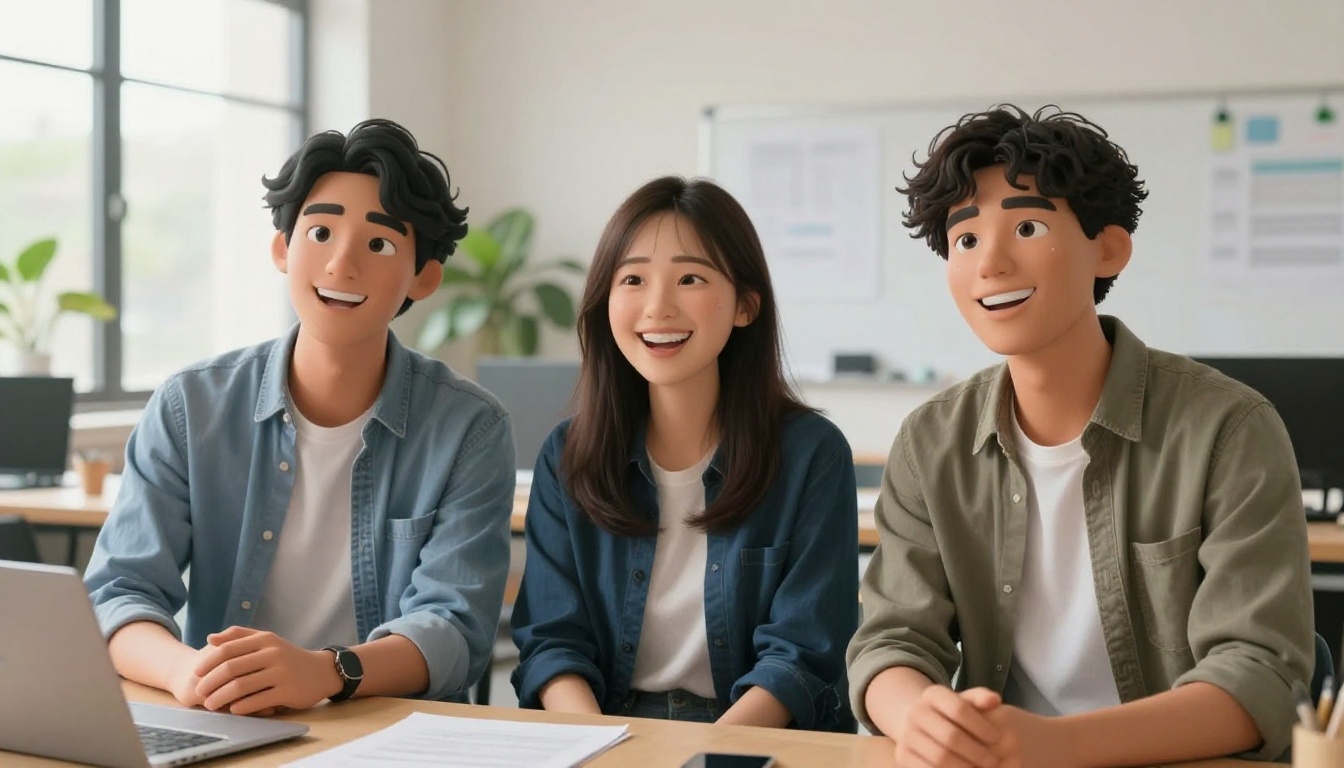 Three diverse photorealistic 3D avatars laughing together in a modern collaborative workspace with natural light