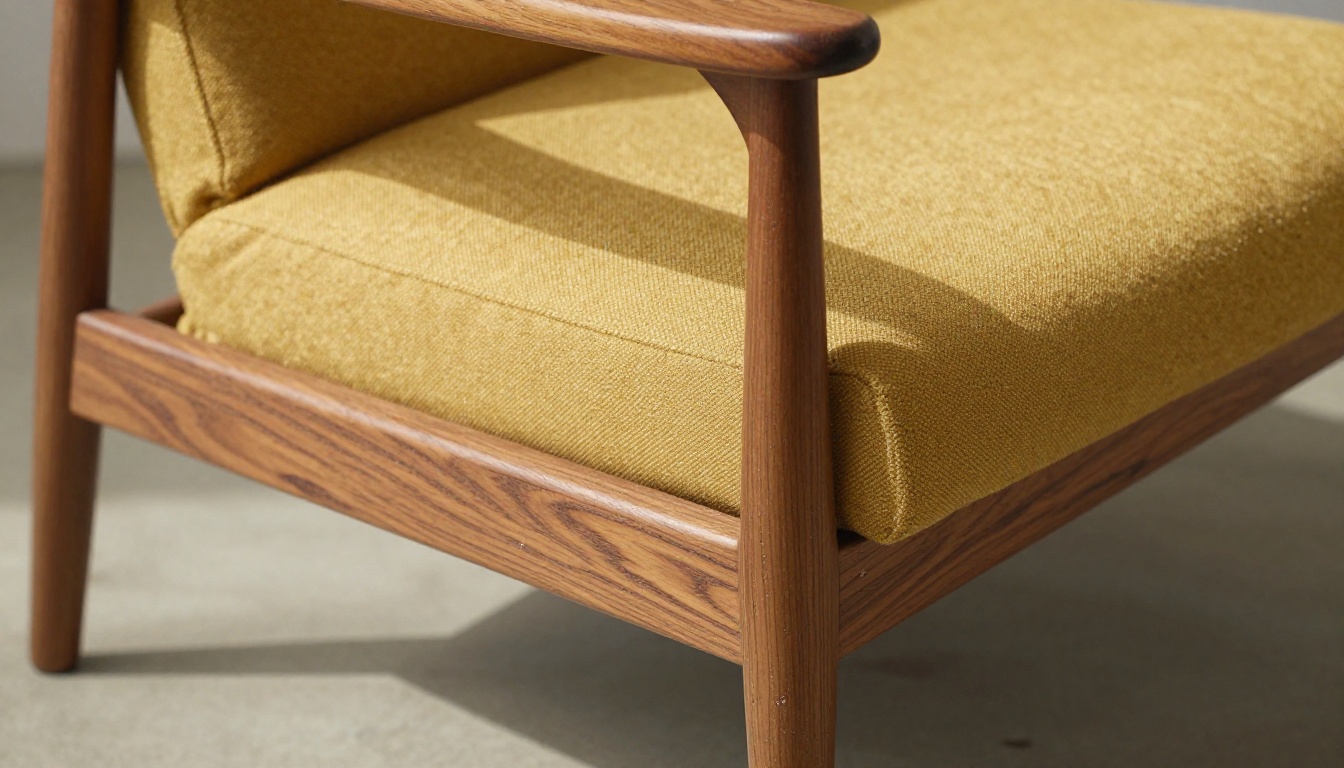 Extreme close-up of a mid-century modern walnut lounge chair with mustard boucle seat cushion in raking sidelight Extreme close-up of a mid-century modern walnut lounge chair with mustard boucle seat cushion in raking sidelight